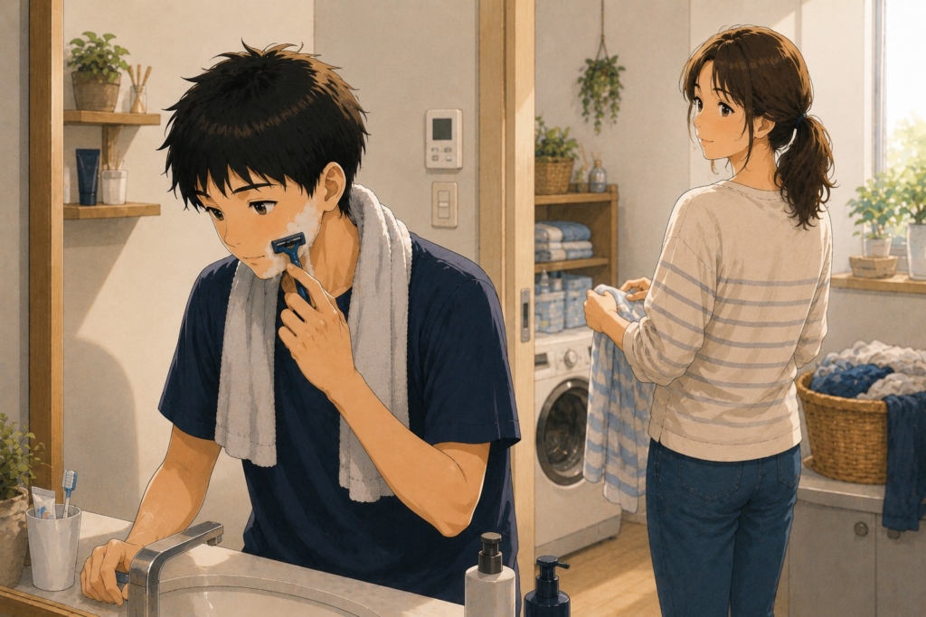 洗面所で髭を剃る中学生の息子を、洗濯物をたたみながら見守る母親のイラスト