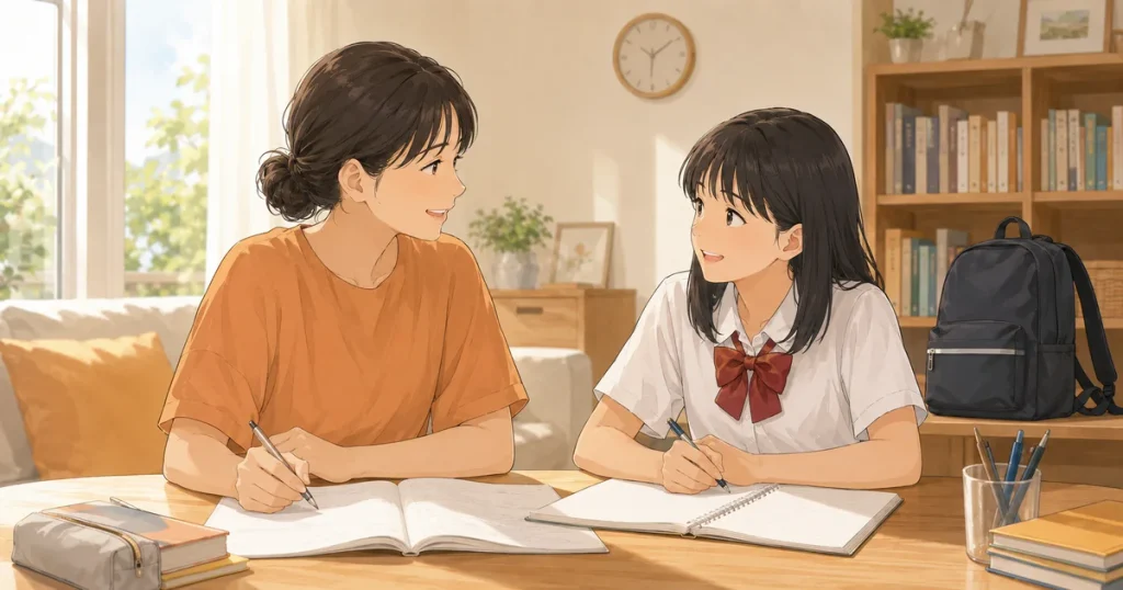 母親と娘が笑顔で会話しながらノートに新学期の準備を書き込んでいる様子