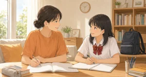 母親と娘が笑顔で会話しながらノートに新学期の準備を書き込んでいる様子