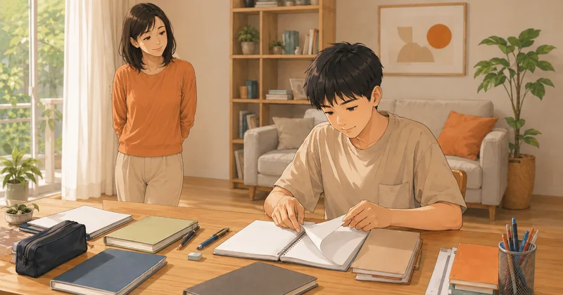 母親が見守る中、男の子が一人でノートや教科書を確認している様子