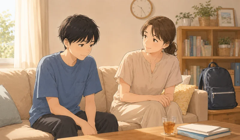 ソファに並んで座り、母親が男の子に優しく話しかけている様子