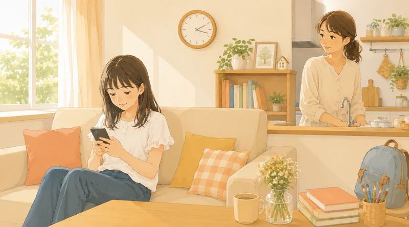 ソファでくつろぐ子どもを、キッチンから母親がさりげなく見守っている様子