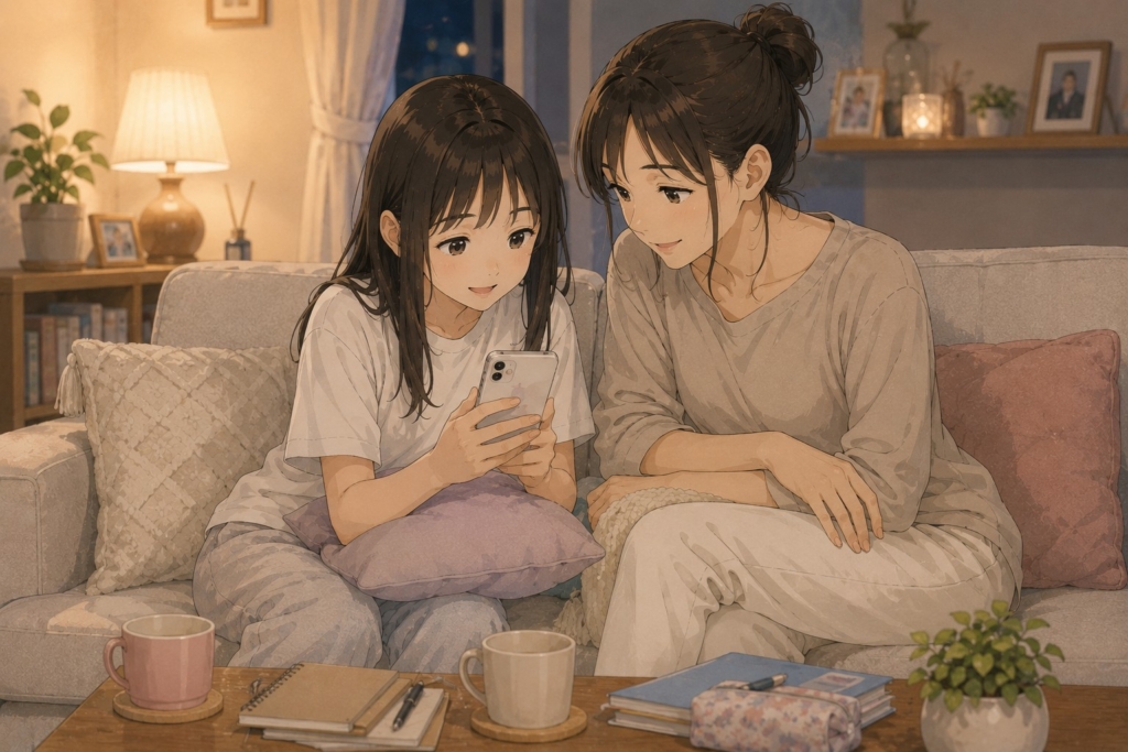 スマホを見ながらムダ毛ケアについて一緒に考える中学生の娘と母親のイラスト