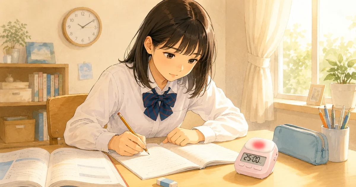 中学生が学習タイマーを使いながら机で勉強している様子