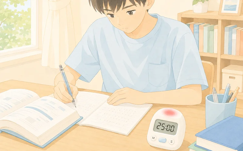 中学生の男の子が学習タイマーを使いながら勉強している様子