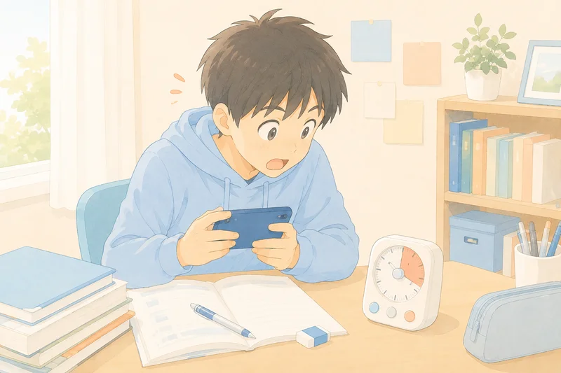 中学生の男の子が休憩中にスマホを見すぎて驚いている様子
