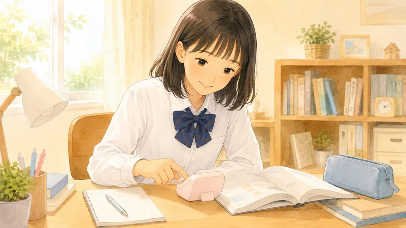 中学生の女の子が勉強を始める前にタイマーを設定している様子