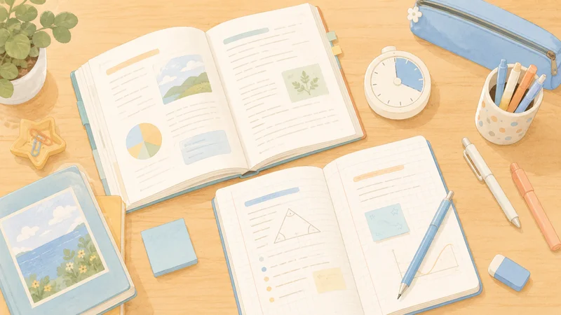 教科書やノート、筆記用具と並んだ学習用タイマーのある勉強机